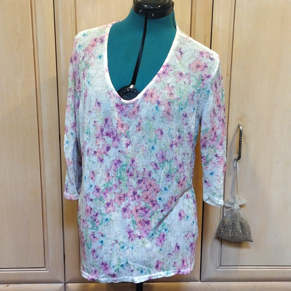 J Jill Semi Sheer Floral Knit Top